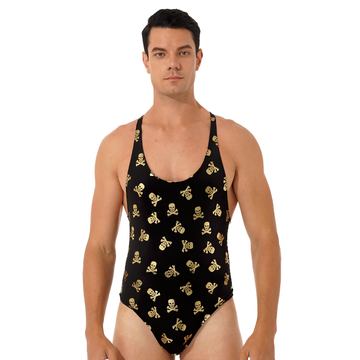 Male Skull Print Bodysuit Underwear / Round Neck Sleeveless High Cut Leatord Jumpsuit - EVE's SECRETS